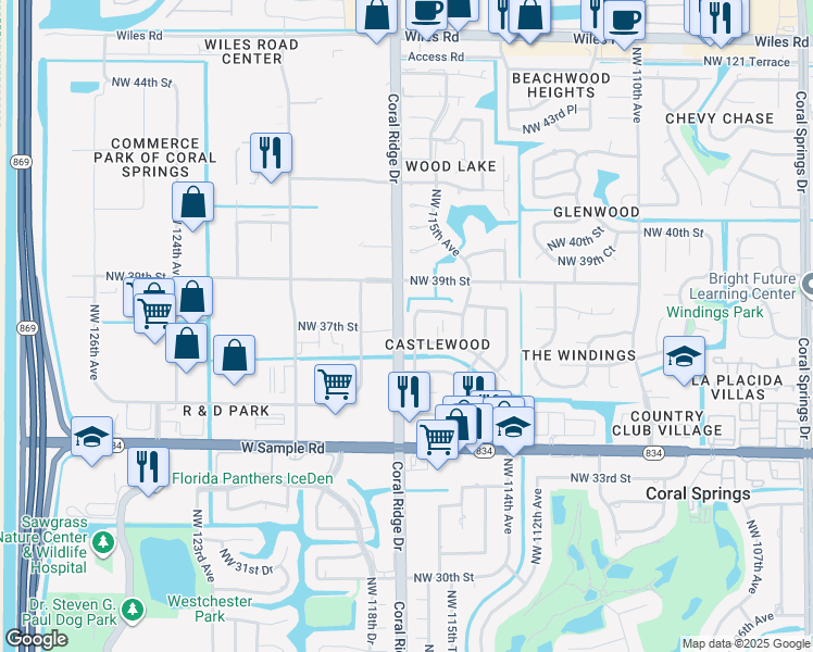 map of restaurants, bars, coffee shops, grocery stores, and more near 3735 Northwest 116th Terrace in Coral Springs