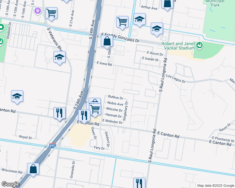 map of restaurants, bars, coffee shops, grocery stores, and more near 1903 Butkus Drive in Edinburg