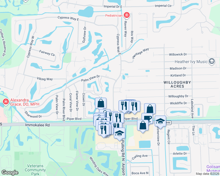 map of restaurants, bars, coffee shops, grocery stores, and more near 165 Pebble Shores Drive in Naples