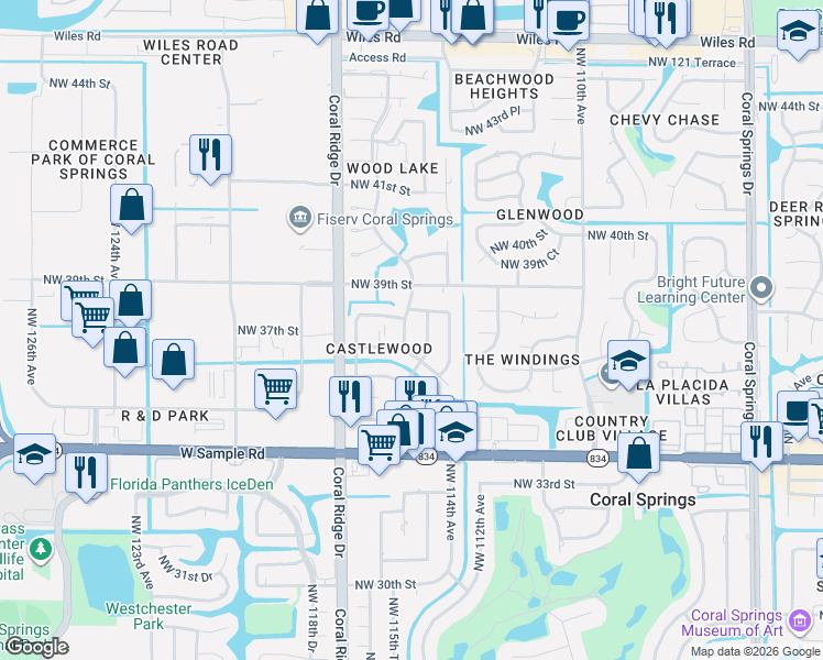 map of restaurants, bars, coffee shops, grocery stores, and more near 3730 Northwest 115th Avenue in Coral Springs