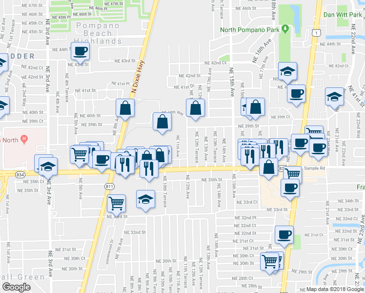 map of restaurants, bars, coffee shops, grocery stores, and more near 3721 Northeast 12th Avenue in Pompano Beach