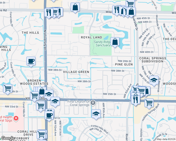 map of restaurants, bars, coffee shops, grocery stores, and more near 3781 Northwest 87th Avenue in Coral Springs