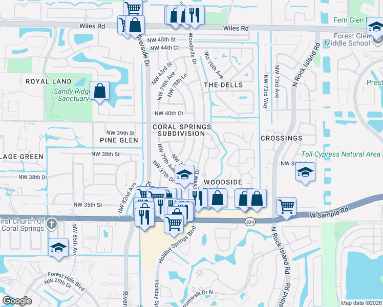 map of restaurants, bars, coffee shops, grocery stores, and more near 3811 Northwest 78th Way in Coral Springs