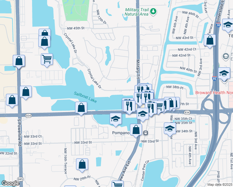 map of restaurants, bars, coffee shops, grocery stores, and more near 1100 Crystal Lake Drive in Pompano Beach