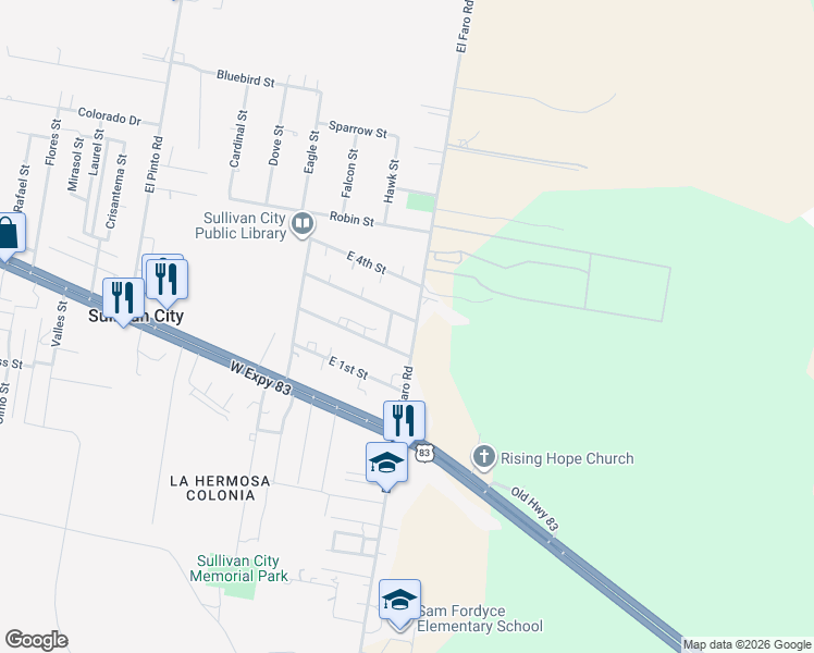 map of restaurants, bars, coffee shops, grocery stores, and more near 165 El Faro Road in Sullivan City