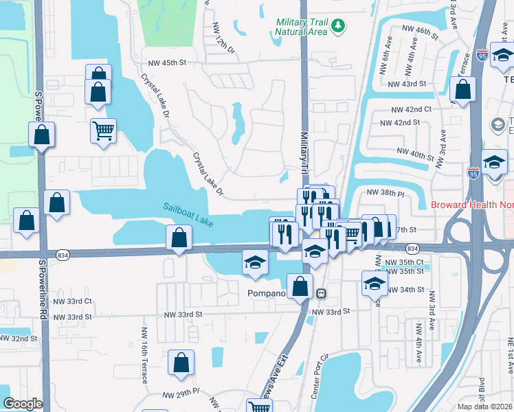 map of restaurants, bars, coffee shops, grocery stores, and more near 1100 Crystal Lake Drive in Pompano Beach