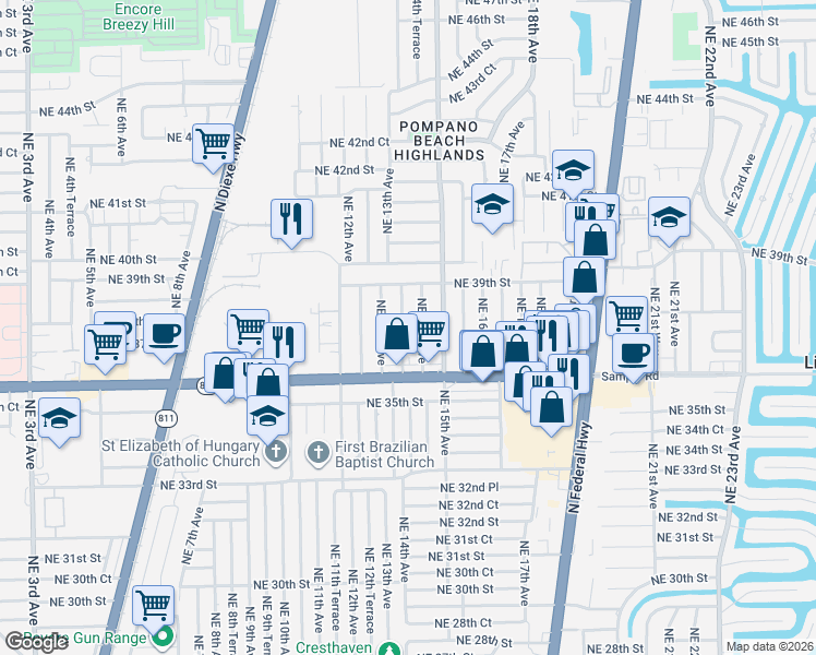 map of restaurants, bars, coffee shops, grocery stores, and more near 3720 Northeast 13th Terrace in Pompano Beach