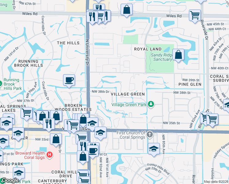 map of restaurants, bars, coffee shops, grocery stores, and more near 9020 Northwest 38th Drive in Coral Springs