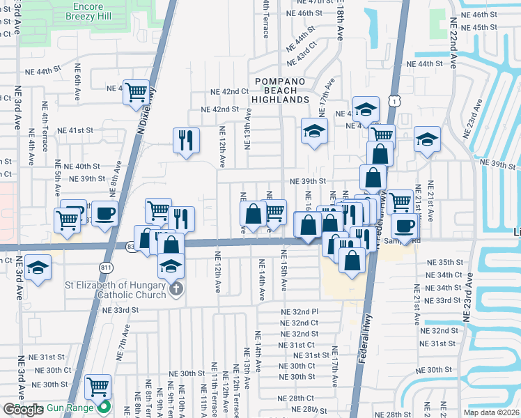 map of restaurants, bars, coffee shops, grocery stores, and more near 3730 Northeast 13th Terrace in Pompano Beach
