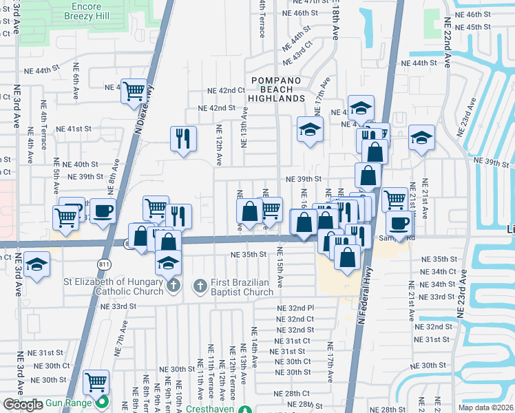 map of restaurants, bars, coffee shops, grocery stores, and more near 3720 Northeast 13th Terrace in Pompano Beach