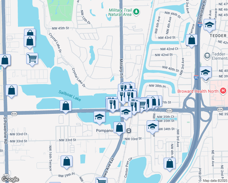 map of restaurants, bars, coffee shops, grocery stores, and more near 1020 Crystal Lake Drive in Pompano Beach