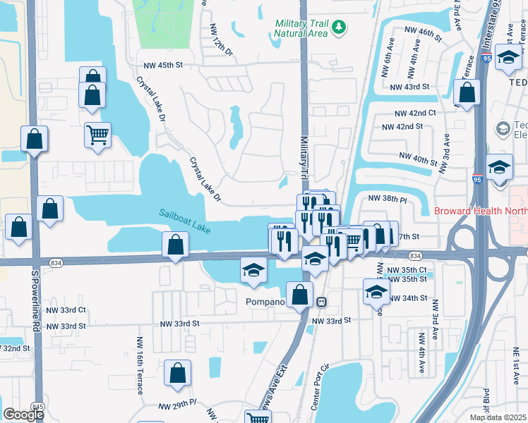 map of restaurants, bars, coffee shops, grocery stores, and more near 1100 Crystal Lake Drive in Pompano Beach