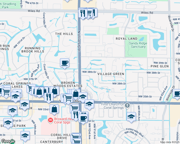 map of restaurants, bars, coffee shops, grocery stores, and more near 9150 Northwest 38th Drive in Coral Springs