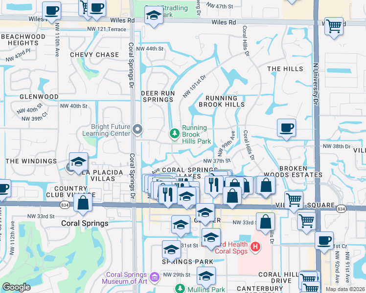 map of restaurants, bars, coffee shops, grocery stores, and more near 10170 Northwest 39th Court in Coral Springs
