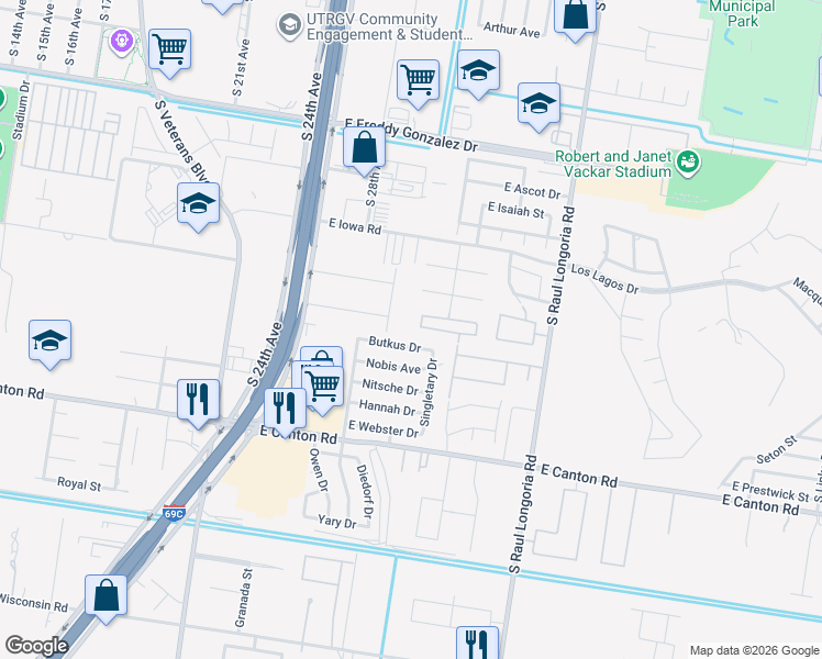 map of restaurants, bars, coffee shops, grocery stores, and more near 1903 Butkus Drive in Edinburg