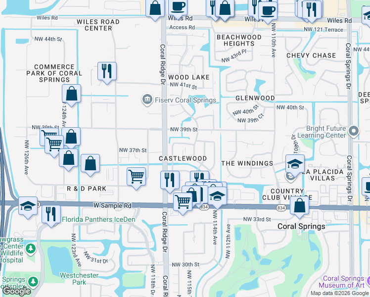 map of restaurants, bars, coffee shops, grocery stores, and more near 3760 Northwest 115th Avenue in Coral Springs
