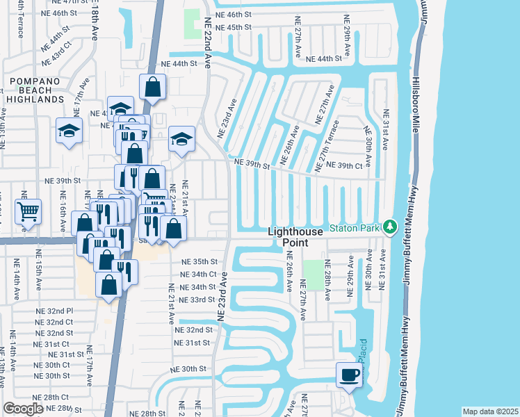 map of restaurants, bars, coffee shops, grocery stores, and more near 3731 Northeast 25th Avenue in Lighthouse Point