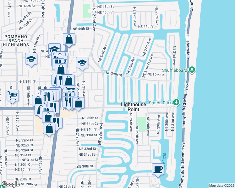 map of restaurants, bars, coffee shops, grocery stores, and more near 3731 Northeast 25th Avenue in Lighthouse Point