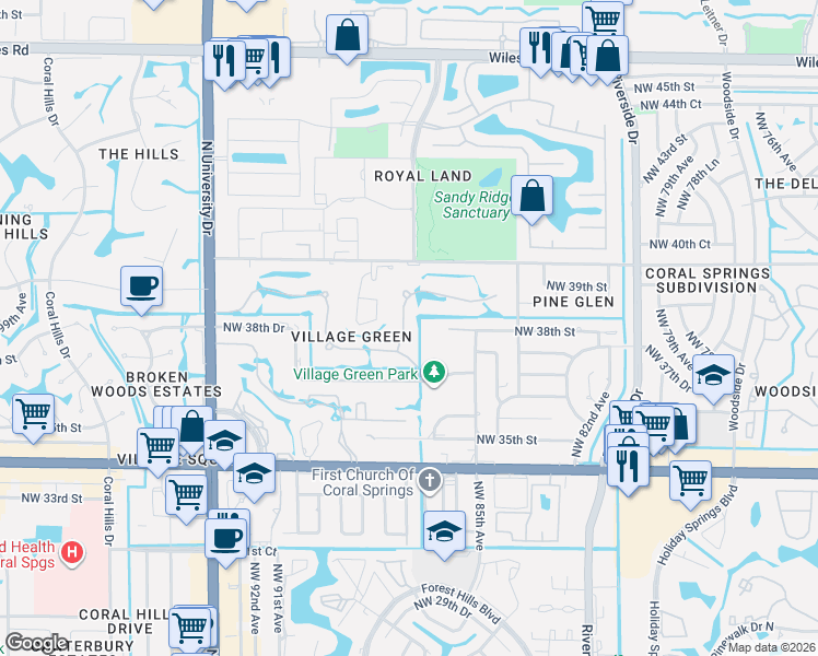map of restaurants, bars, coffee shops, grocery stores, and more near 3781 Northwest 87th Avenue in Coral Springs