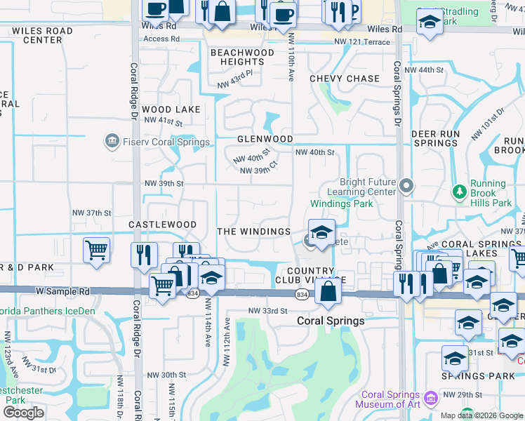 map of restaurants, bars, coffee shops, grocery stores, and more near 11130 Northwest 38th Street in Coral Springs
