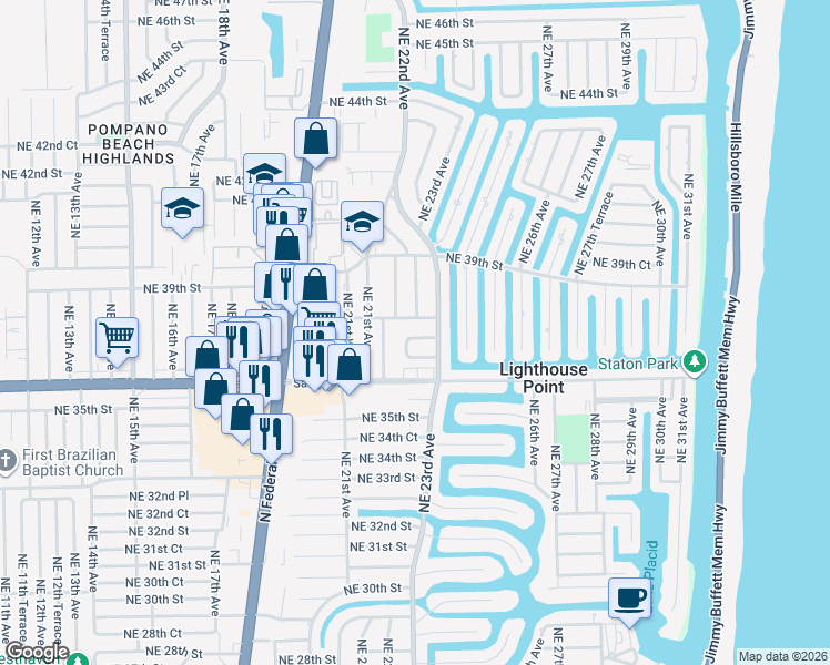 map of restaurants, bars, coffee shops, grocery stores, and more near 2251 Northeast 37th Court in Lighthouse Point