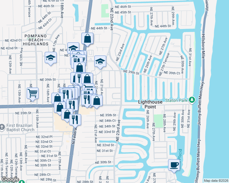 map of restaurants, bars, coffee shops, grocery stores, and more near 2251 Northeast 37th Court in Lighthouse Point