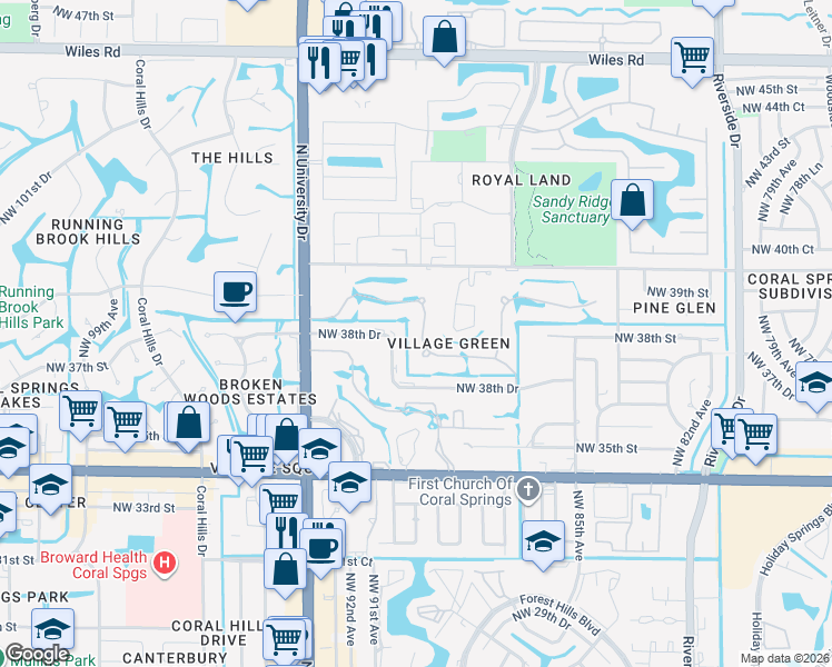 map of restaurants, bars, coffee shops, grocery stores, and more near 3805 NW 89th Way in Coral Springs