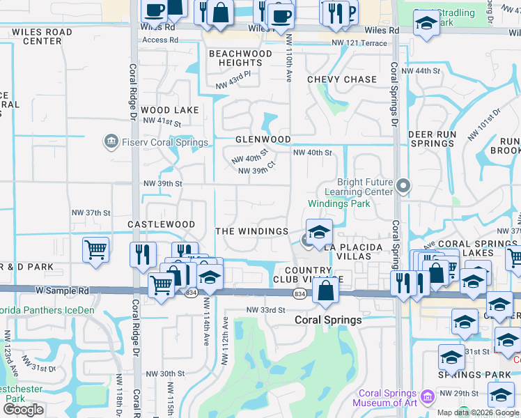 map of restaurants, bars, coffee shops, grocery stores, and more near 3740 Northwest 112th Terrace in Coral Springs