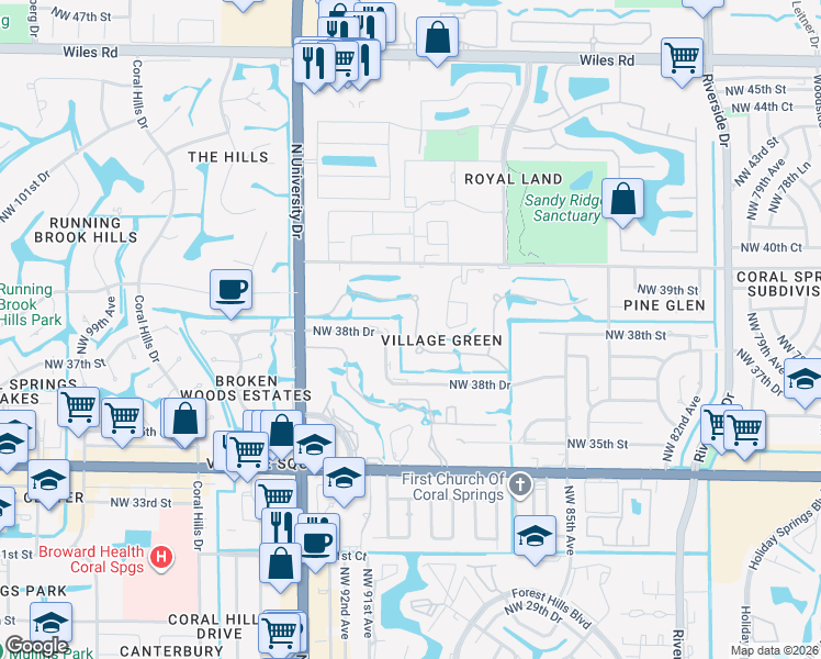 map of restaurants, bars, coffee shops, grocery stores, and more near 3805 NW 89th Way in Coral Springs