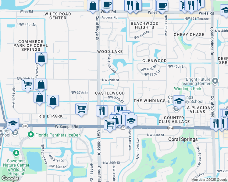 map of restaurants, bars, coffee shops, grocery stores, and more near 3730 Northwest 115th Avenue in Coral Springs