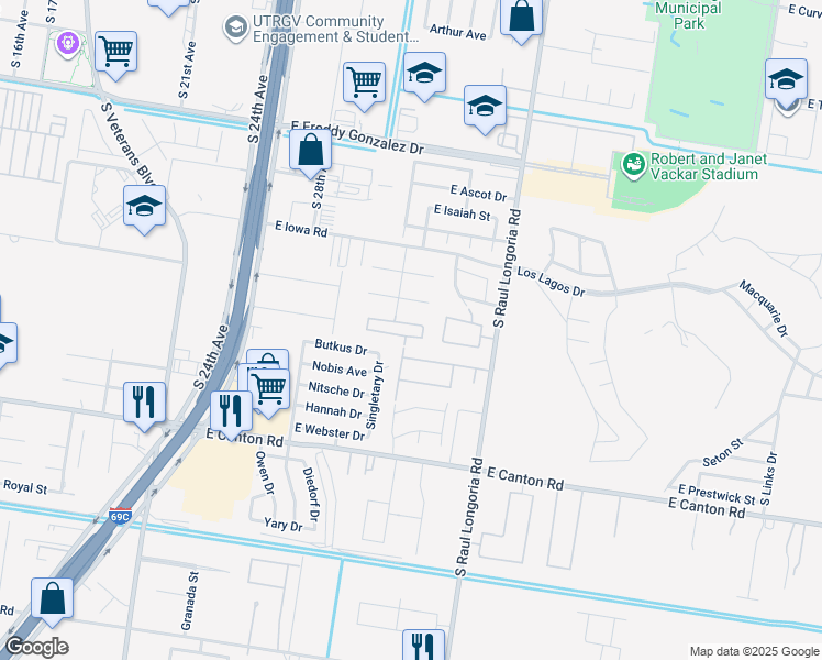 map of restaurants, bars, coffee shops, grocery stores, and more near 2210 Taxco Court in Edinburg