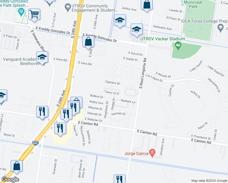 map of restaurants, bars, coffee shops, grocery stores, and more near 2210 Taxco Court in Edinburg