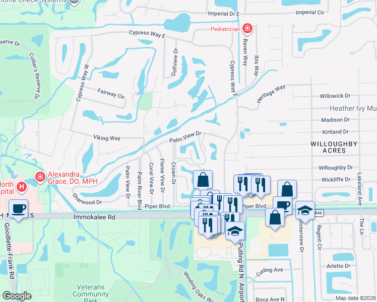 map of restaurants, bars, coffee shops, grocery stores, and more near 108 Pebble Shores Drive in Naples