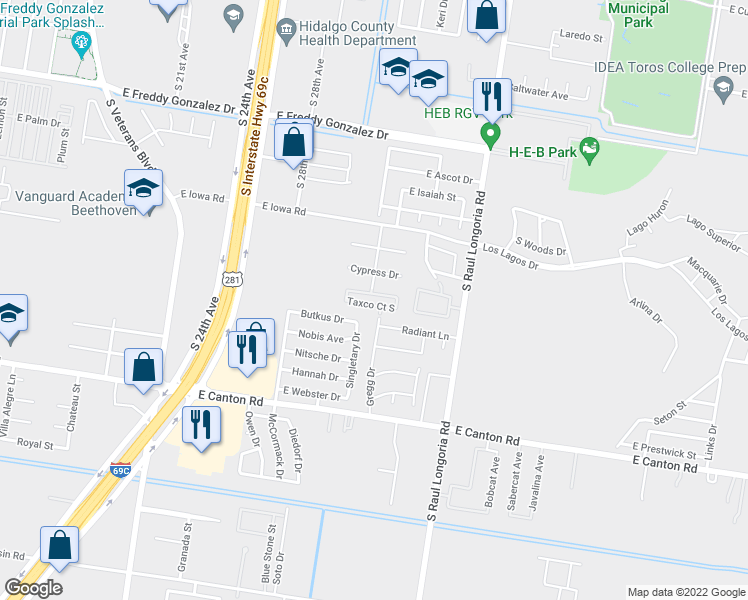 map of restaurants, bars, coffee shops, grocery stores, and more near 2204 Taxco Court in Edinburg