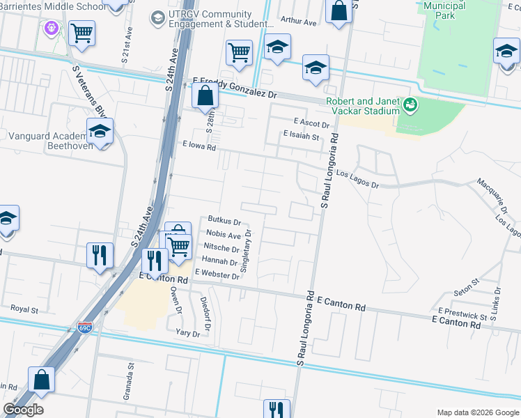 map of restaurants, bars, coffee shops, grocery stores, and more near 2114 Taxco Court in Edinburg