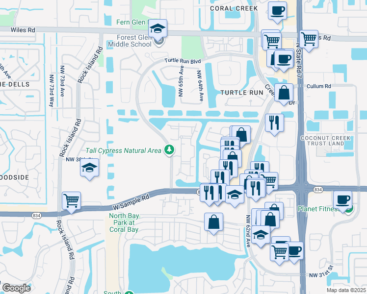 map of restaurants, bars, coffee shops, grocery stores, and more near 3701 Turtle Run Boulevard in Coral Springs