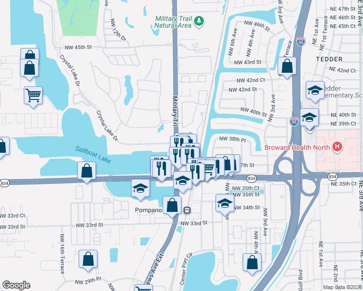 map of restaurants, bars, coffee shops, grocery stores, and more near 900 Crystal Lake Drive in Pompano Beach