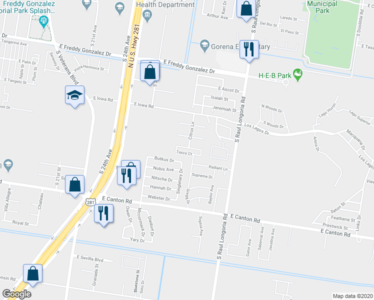 map of restaurants, bars, coffee shops, grocery stores, and more near 2114 Taxco Court in Edinburg