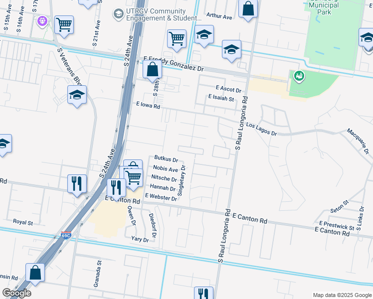 map of restaurants, bars, coffee shops, grocery stores, and more near 2114 Taxco Court in Edinburg