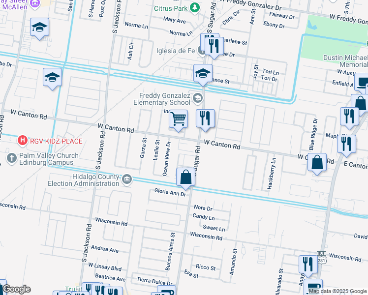 map of restaurants, bars, coffee shops, grocery stores, and more near 3003 Carson Street in Edinburg