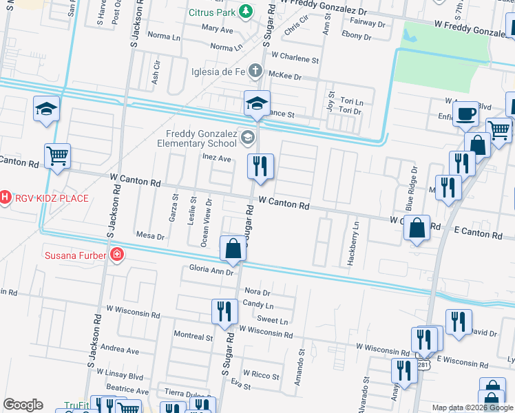map of restaurants, bars, coffee shops, grocery stores, and more near 3001 South Sugar Road in Edinburg