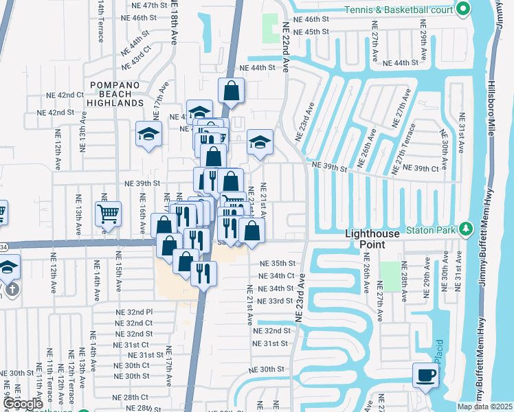 map of restaurants, bars, coffee shops, grocery stores, and more near 2100 Northeast 38th Street in Lighthouse Point