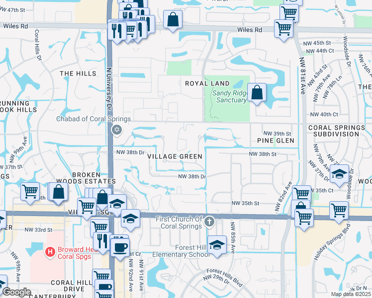 map of restaurants, bars, coffee shops, grocery stores, and more near 8675 Northwest 39th Court in Coral Springs