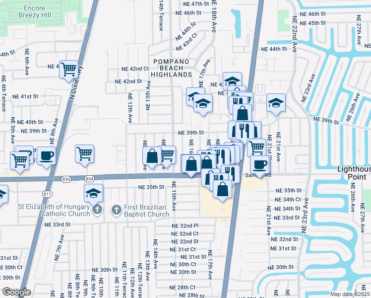map of restaurants, bars, coffee shops, grocery stores, and more near 3730 Northeast 16th Avenue in Pompano Beach