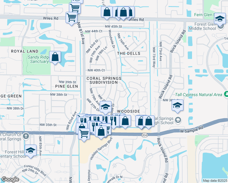 map of restaurants, bars, coffee shops, grocery stores, and more near 3840 Northwest 78th Avenue in Coral Springs