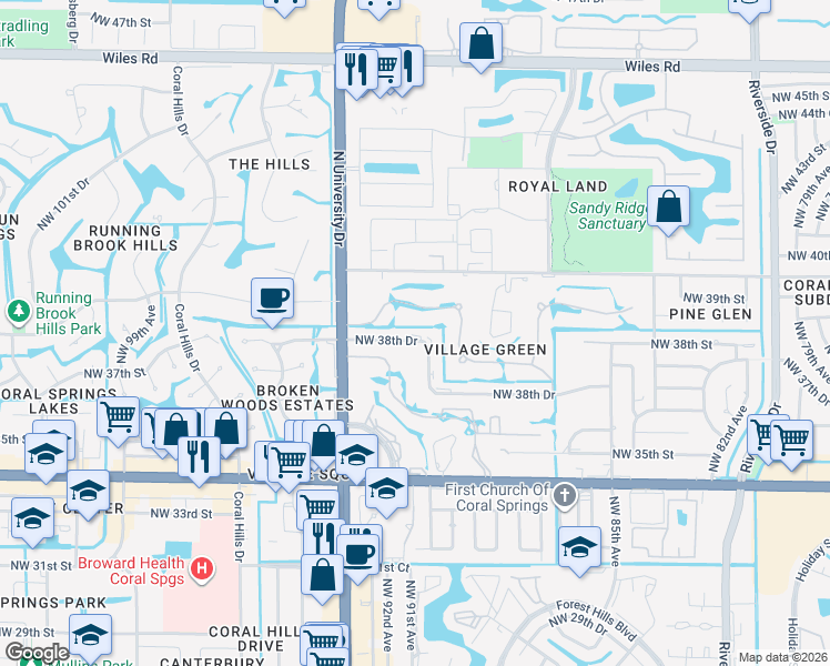 map of restaurants, bars, coffee shops, grocery stores, and more near 9020 Northwest 38th Drive in Coral Springs