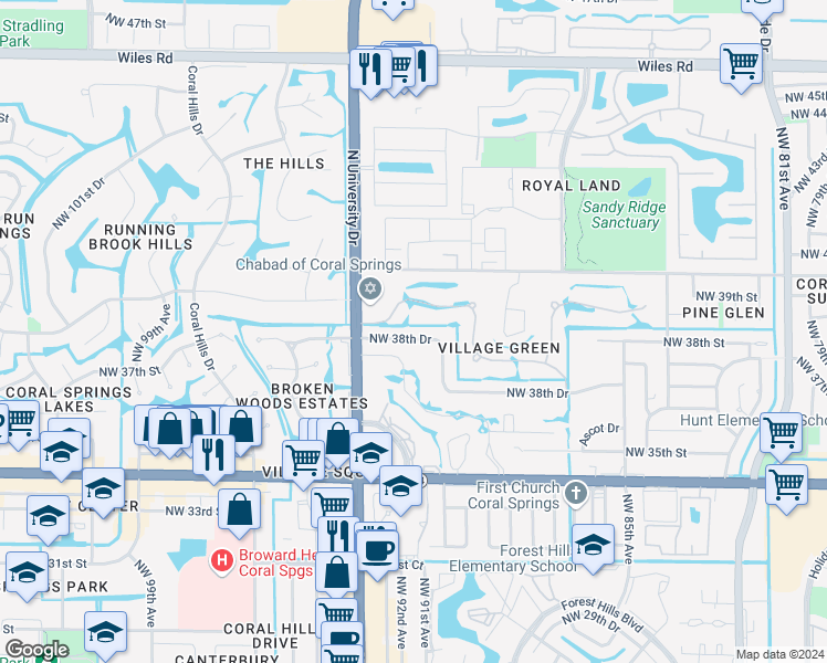 map of restaurants, bars, coffee shops, grocery stores, and more near 9150 Northwest 38th Drive in Coral Springs
