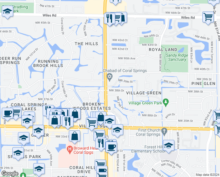 map of restaurants, bars, coffee shops, grocery stores, and more near 9220 Northwest 38th Drive in Coral Springs