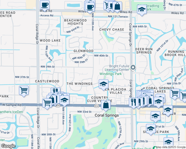 map of restaurants, bars, coffee shops, grocery stores, and more near 3730 Northwest 109th Avenue in Coral Springs