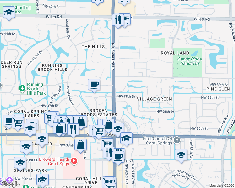 map of restaurants, bars, coffee shops, grocery stores, and more near 9203 Northwest 38th Drive in Coral Springs